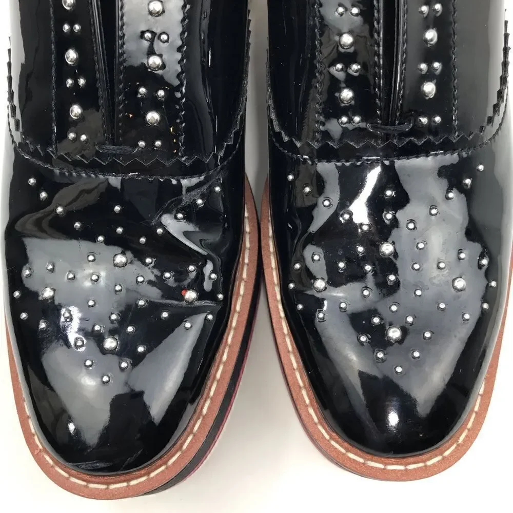 Zara Woman Black Patent Leather Silver Studded Platform Oxford Sneakers